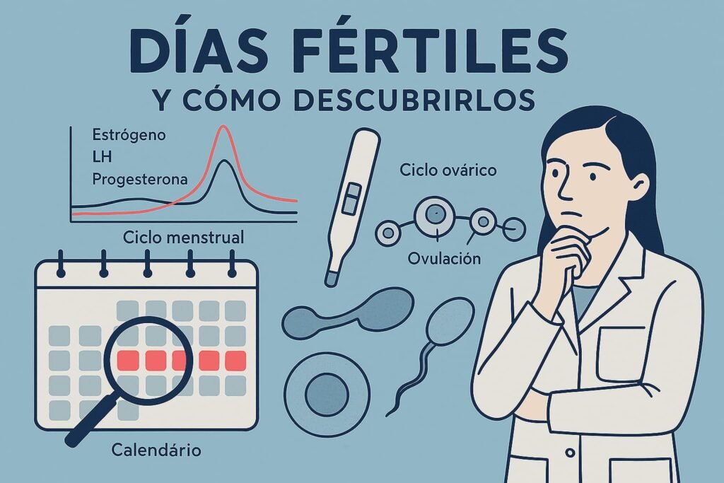 Infografía científica sobre días fértiles: ciclo hormonal, ovulación, calendario y métodos de detección