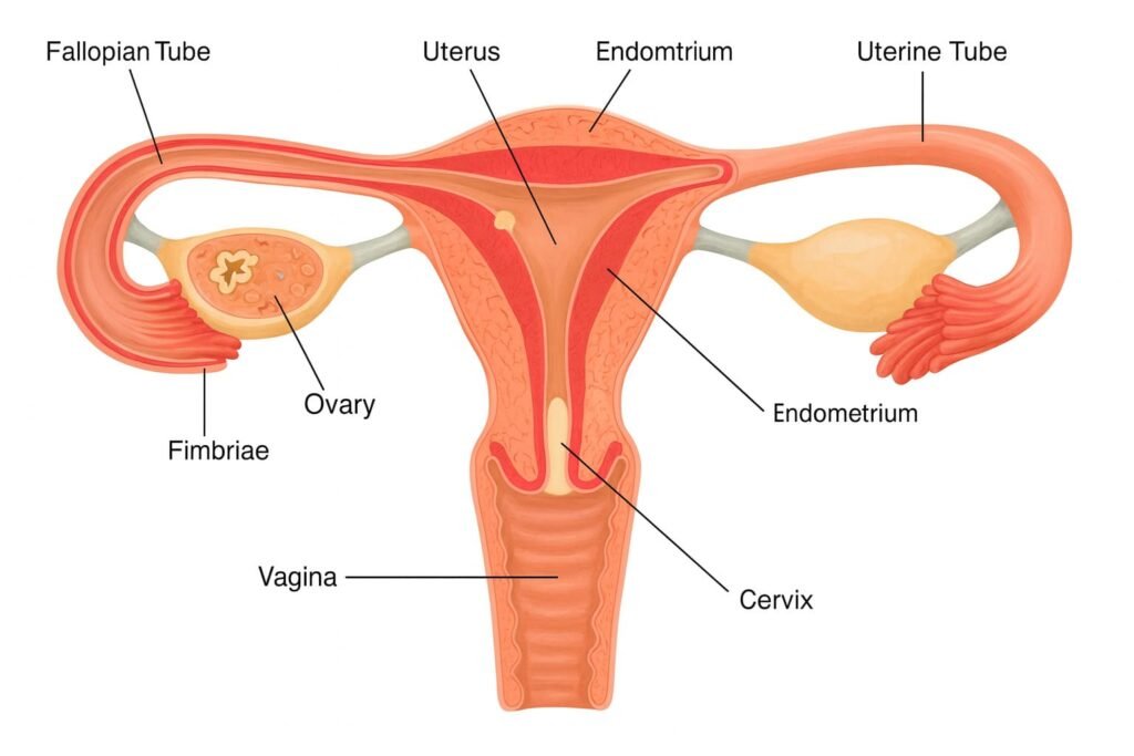 Imagen anatómica del aparato reproductor femenino, con etiquetas básicas: útero, trompas de Falopio, ovarios, vagina y cuello uterino. Formato horizontal y colores suaves.