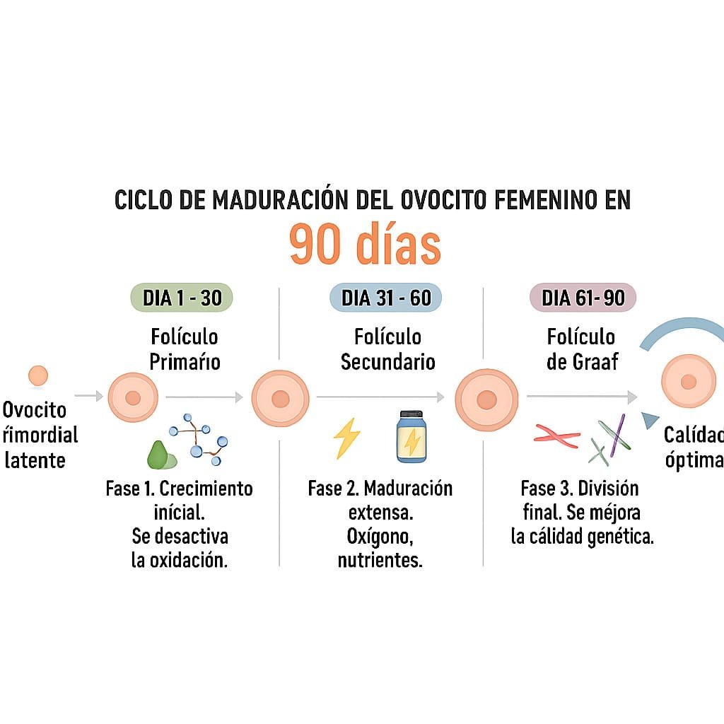 Ciclo de maduración del ovocito femenino en 90 días. Incluye cuatro etapas: ovocito primordial latente, folículo primario (día 1–30), folículo secundario (día 31–60), folículo de Graaf (día 61–90) y oocito de calidad óptima. Cada fase está ilustrada con íconos representativos y descripciones breves sobre crecimiento, nutrición y calidad genética.