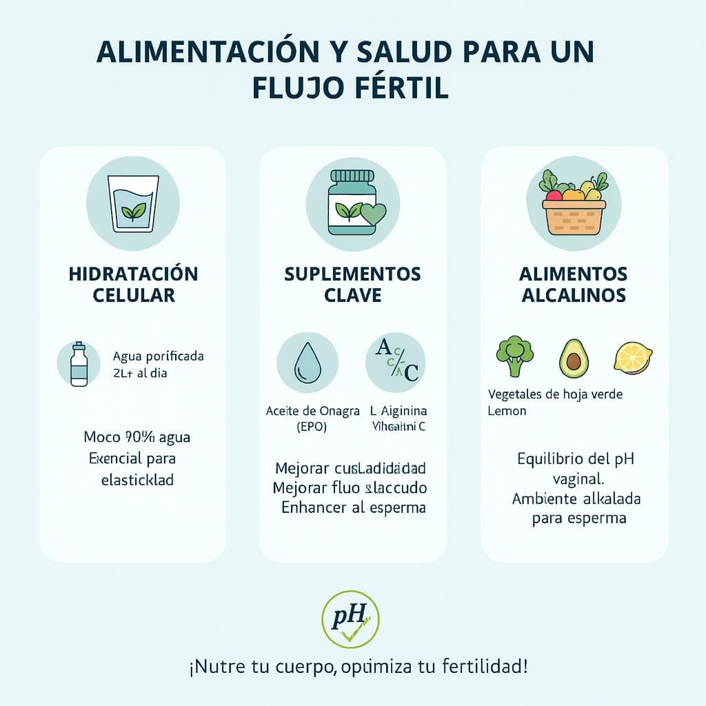 Nutrición y salud para potenciar la fertilidad femenina Infografía sobre hidratación, suplementos y alimentos alcalinos para mejorar el flujo fértil.