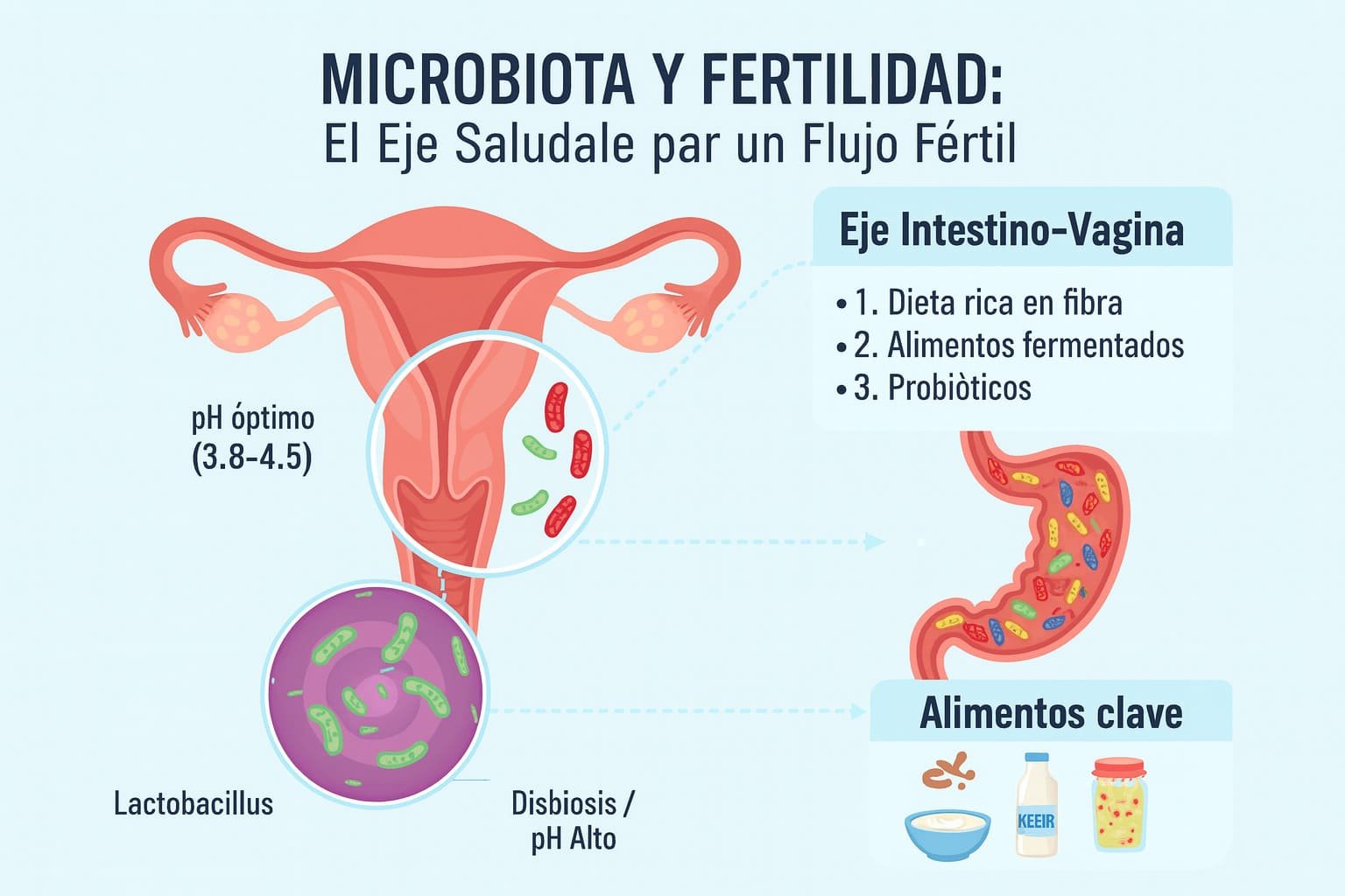 Infografía  que representa el sistema reproductor femenino, el pH vaginal ideal (3.8–4.5), la presencia de lactobacilos frente a disbiosis, y consejos como dieta rica en fibra, alimentos fermentados y probióticos. También se ilustran alimentos clave como kéfir, yogur y vegetales fermentados.