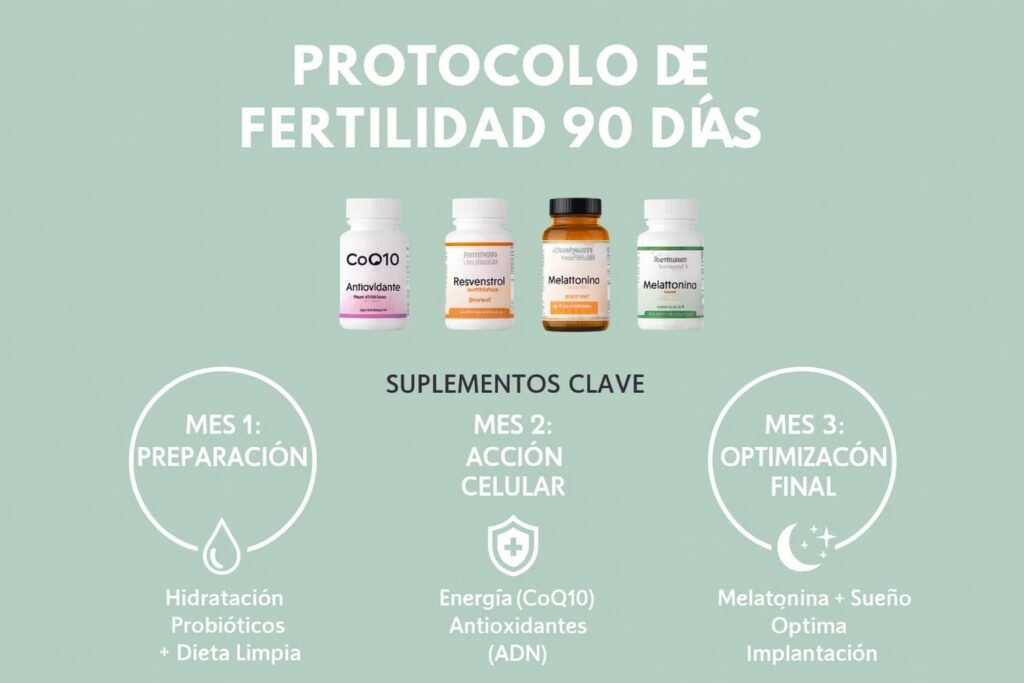 Protocolo de Fertilidad en 90 Días: Suplementación Estratégica para la Optimización Ovocitaria Infografía que muestra un protocolo de fertilidad de 90 días dividido en tres fases mensuales: preparación, acción celular y optimización final. Incluye los suplementos clave (CoQ10, Hispam, Nox 640, Projen & DHA) y los objetivos nutricionales y fisiológicos de cada etapa.