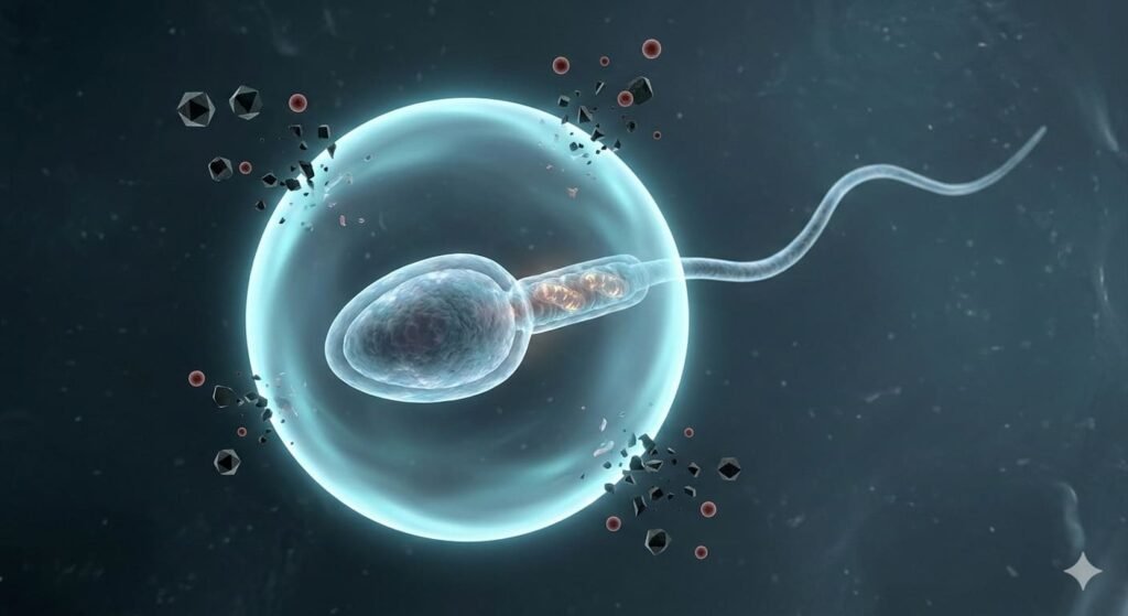 espermatozoide-protegido-escudo-antioxidante-ROS Micrografía fotorrealista de un espermatozoide humano nadando, protegido por un escudo esférico de luz azul cian contra partículas geométricas rojas de radicales libres ROS que rebotan.