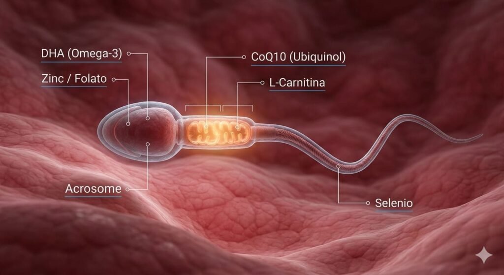 infografia-perfil-nutricional-espermatozoide-suplementos Renderizado 3D de un espermatozoide humano con etiquetas de texto técnicas superpuestas que señalan la cabeza (DHA, Zinc, Folato), la pieza media (CoQ10, L-Carnitina) y la cola (Selenio) sobre un fondo de tejido testicular.