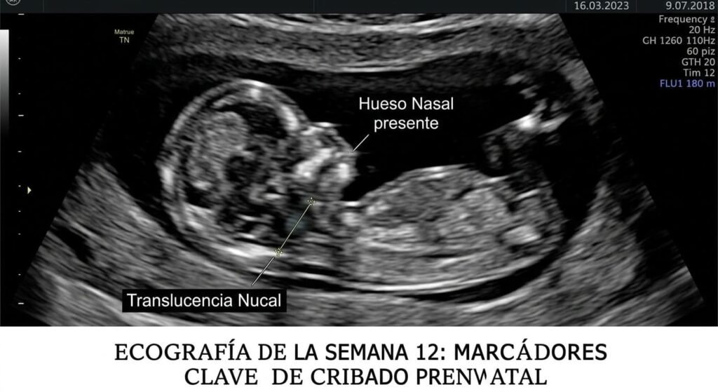 Ecografía de la semana 12 de embarazo mostrando la medición de la translucencia nucal y el hueso nasal.