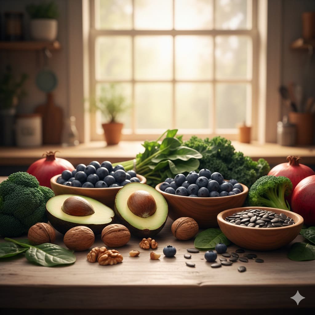 Selección de superalimentos esenciales como aguacate, arándanos y nueces para mejorar la calidad de los óvulos de forma natural.