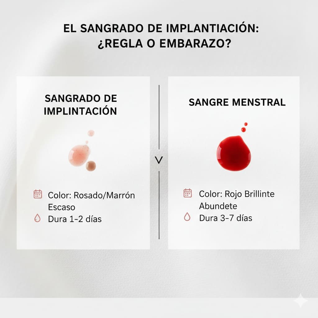 Diferencias entre sangrado de implantación y regla Infografía comparativa entre sangrado de implantación y menstruación indicando color, cantidad y duración.