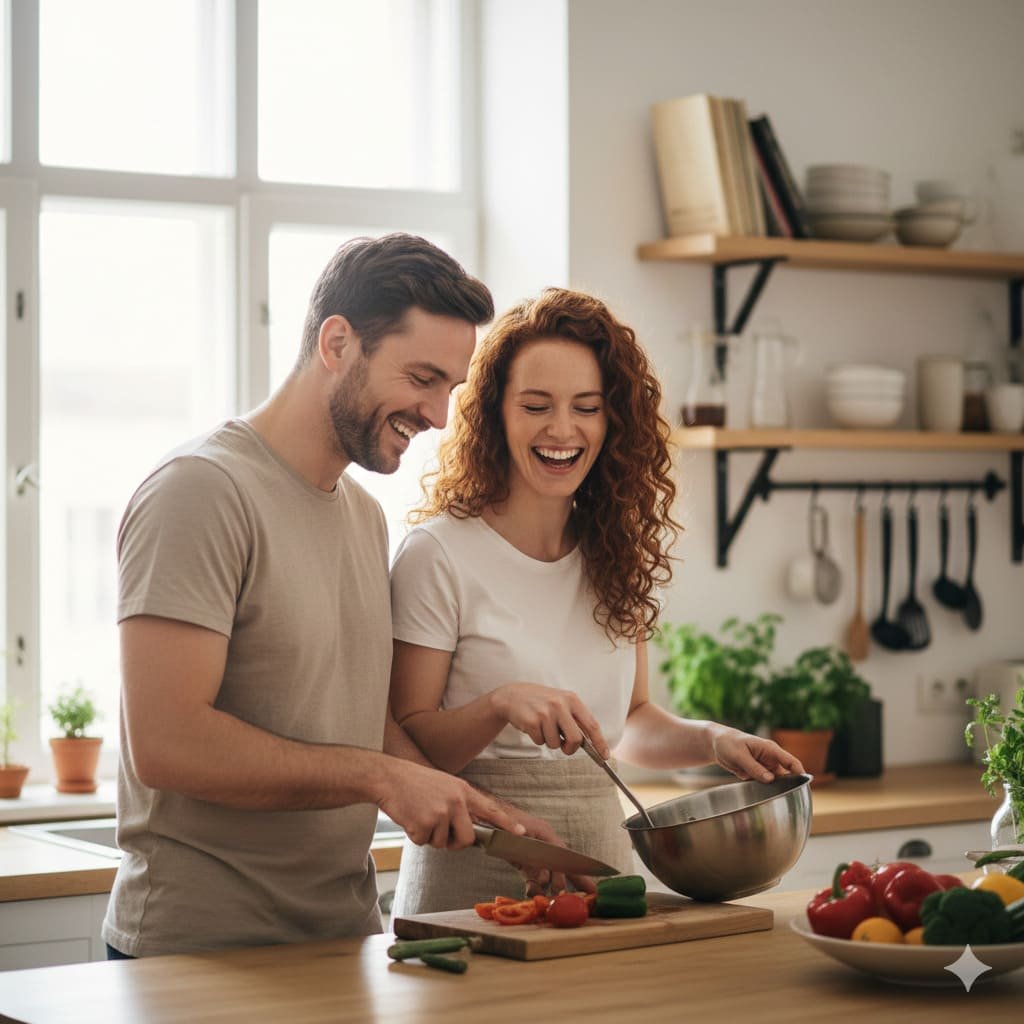 Pareja feliz cocinando juntos, mostrando conexión y apoyo mutuo frente a la infertilidad
`