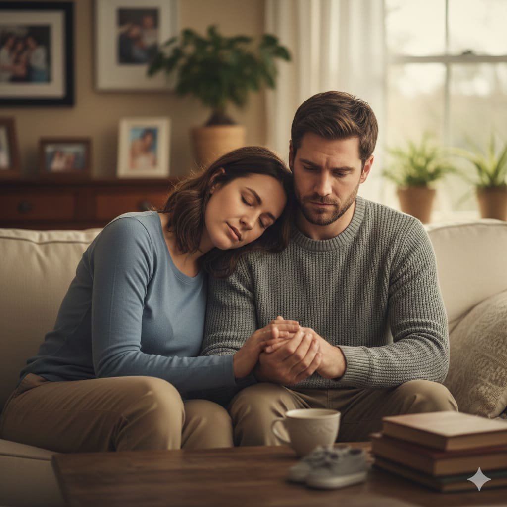 Pareja triste apoyándose en el sofá, ilustrando el impacto emocional de la infertilidad