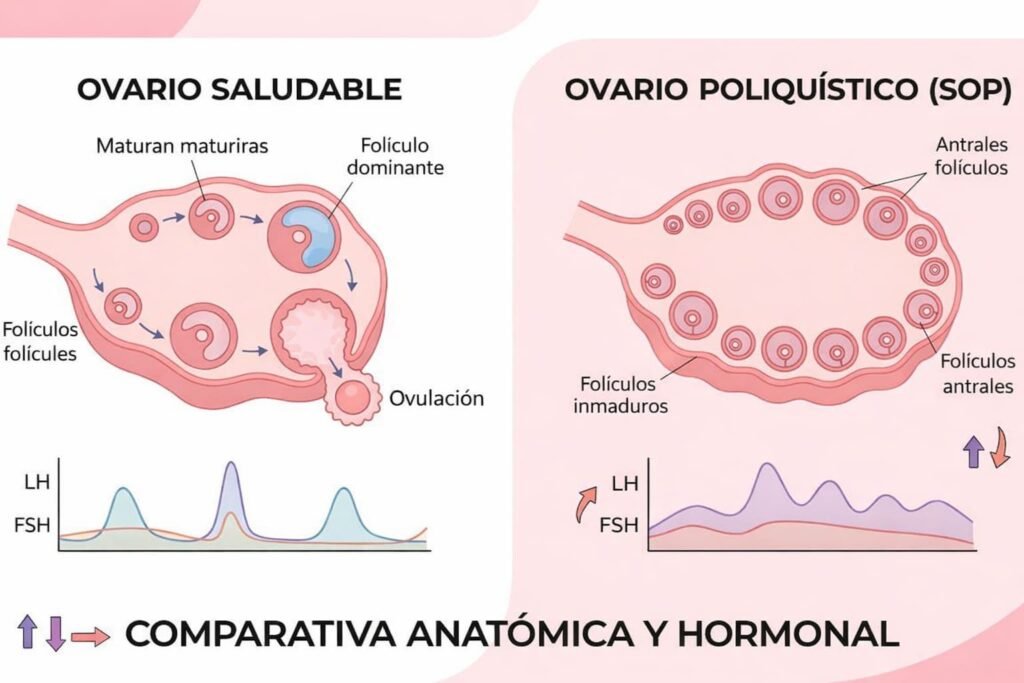 Diagrama comparativo de un ovario saludable con ovulación normal frente a un ovario poliquístico con folículos antrales y desequilibrio de hormonas LH y FSH.
