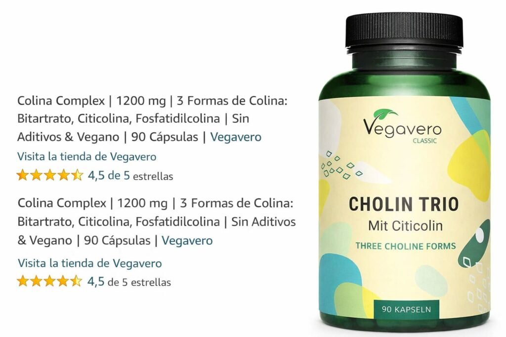 Suplemento Vegavero Choline Complex 1200 mg con Bitartrato Citicolina y Fosfatidilcolina para fertilidad