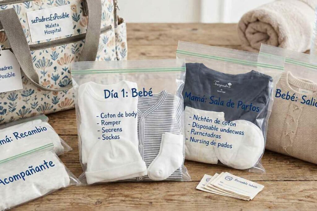 organizacion-maleta-hospital-metodo-bolsas-individuales-2026.webp Imagen de bolsas transparentes reutilizables etiquetadas en español como "Día 1: Bebé" y "Mamá: Sala de Partos", mostrando conjuntos de ropa nested y suministros de aseo para organizar la maleta del hospital para el parto, siguiendo el método de las bolsas individuales de Serpadresesposible