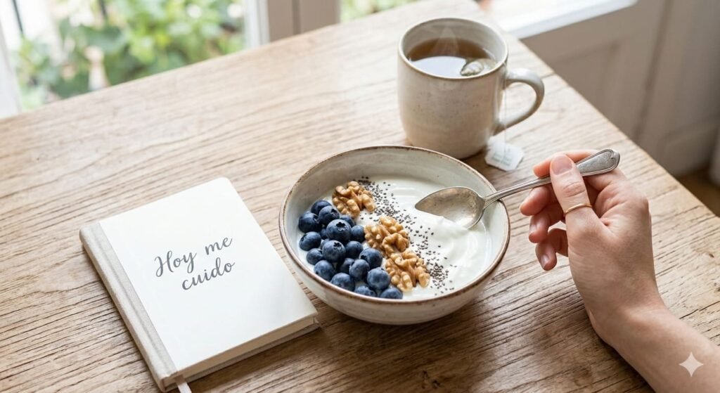 autocuidado-nutricion-fértil-natural Plano cenital de un bol de yogur con arándanos y nueces para la fertilidad natural, junto a una taza de té y un cuaderno que dice "Hoy me cuido", ilustrando el autocuidado tras un negativo en serpadresesposible.