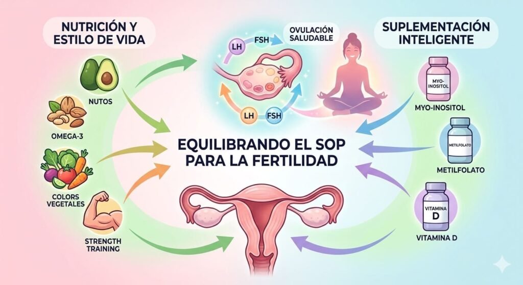Infografía sobre el tratamiento natural del SOP para el embarazo: incluye Myo-inositol, Metilfolato, Vitamina D, dieta antiinflamatoria y entrenamiento de fuerza.
