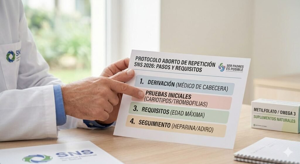 protocolo-aborto-repeticion-seguridad-social-2026 Ginecólogo de la Seguridad Social señalando el protocolo de pasos y requisitos para el estudio de abortos de repetición en 2026.