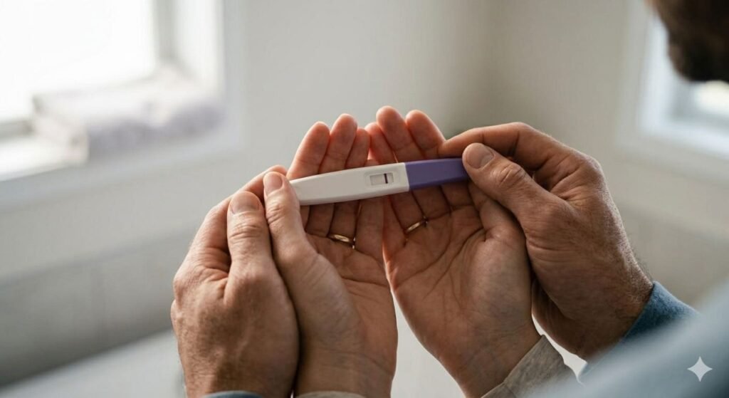 pareja-soporte-test-negativo-serpadresesposible Plano cenital detallado de un test de ovulación negativo con una sola línea purple, sostenido tiernamente por las manos entrelazadas de una pareja en serpadresesposible, ilustrando la solidaridad y la vulnerabilidad compartida.