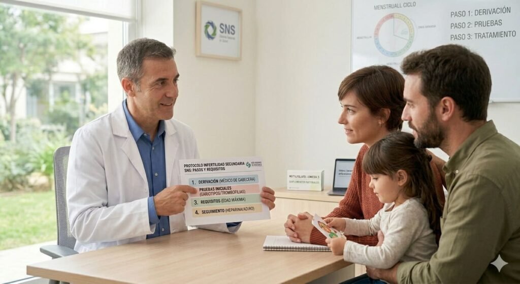 Pareja en consulta de la Seguridad Social con su única hija, recibiendo información sobre el protocolo de infertilidad secundaria para buscar el segundo hijo en 2026.