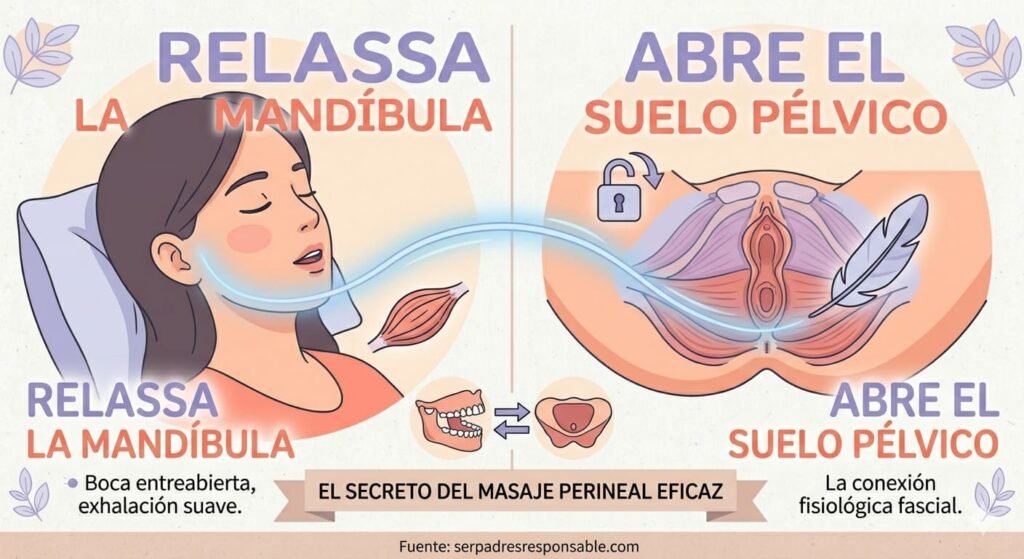 La Conexión Fisiológica Mandíbula-Pelvis en el Masaje Perineal Ilustración educativa de pantalla dividida que explica la conexión mandíbula-pelvis. El lado izquierdo muestra a una embarazada relajando la mandíbula y exhalando suavemente. El lado derecho muestra cómo la relajación de la boca provoca que los músculos del suelo pélvico se abran y ablanden de forma automática. Una línea de energía azul une visualmente ambas zonas.