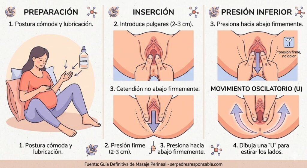 Guía Visual del Masaje Perineal Paso a Paso - Ser Padres Responsable Infografía técnica sobre cómo realizar el masaje perineal para embarazadas. Muestra la postura recomendada, la inserción de los pulgares a 2-3 cm y las flechas de movimiento en forma de U para estirar el suelo pélvico y evitar desgarros en el parto.