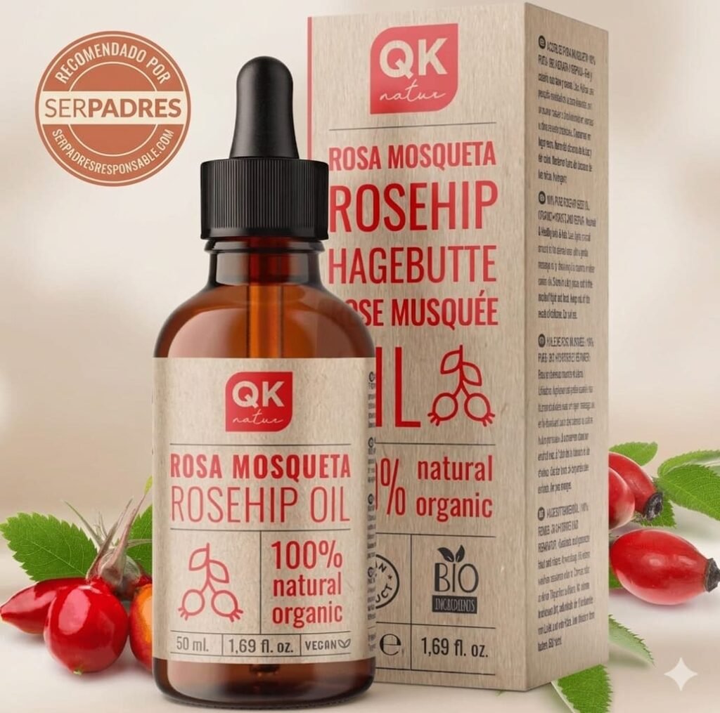 Botella y embalaje de QK natur Rosa Mosqueta/Rosehip Oil recomendado por serpadresesposible.com para masajes perineales prenatales.