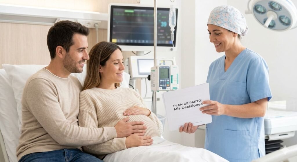 El Plan de Parto como herramienta de decisión en el hospital Una ginecóloga con uniforme azul y gorro quirúrgico revisa sonriendo un documento de Plan de Parto presentado por una pareja en un entorno hospitalario