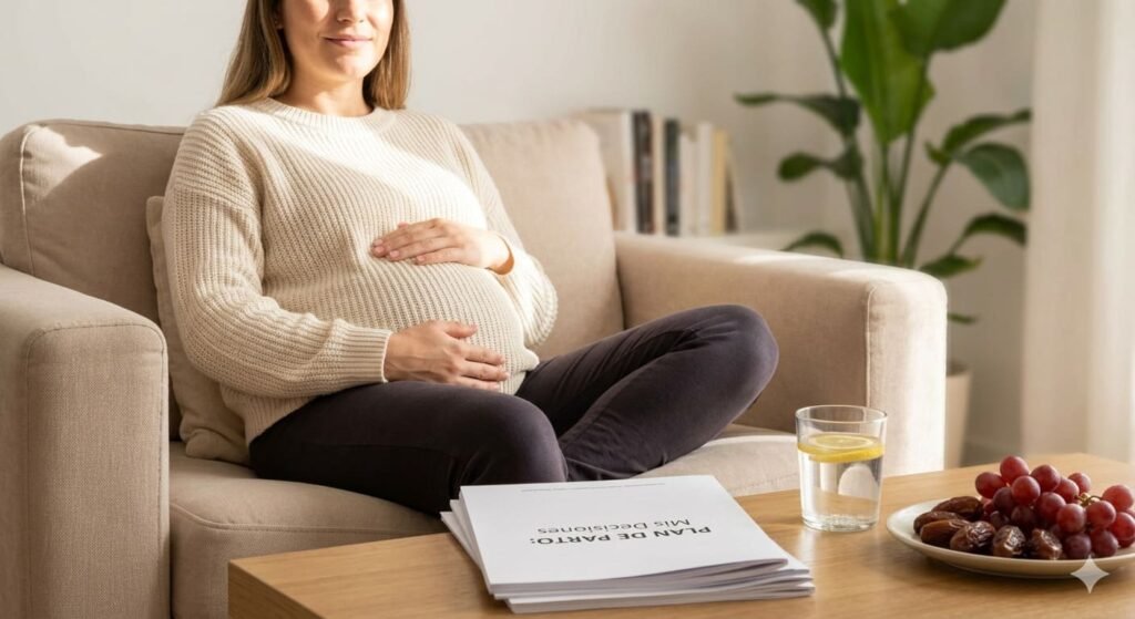 Preparación del Plan de Parto desde la Alimentación y Salud Mujer embarazada sonriendo en un sillón, con un documento de Plan de Parto y una jarra de agua con dátiles sobre la mesa.