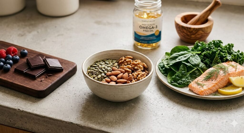 Alimentación para el estrés y fertilidad. Bodegón detallado de alimentos sobre una encimera de cocina que actúan como escudo nutricional para la fertilidad: salmón (Omega-3), espinacas (Magnesio), semillas de calabaza (Zinc) y chocolate negro (Antioxidantes).