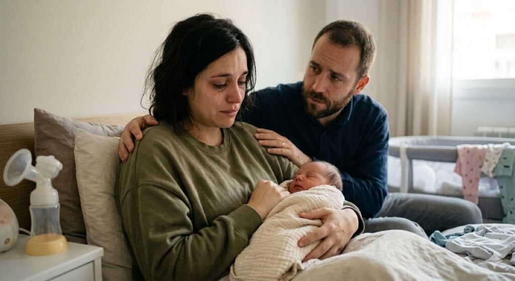 Mujer en el postparto sentada en la cama llorando mientras sostiene a su bebé recién nacido, acompañada por su pareja que le ofrece apoyo emocional.