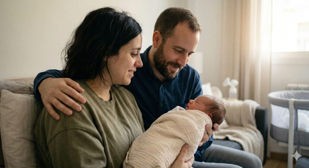 Padre sosteniendo a su bebé recién nacido con ternura mientras la madre descansa a su lado, ilustrando la corresponsabilidad y el apoyo en el postparto.