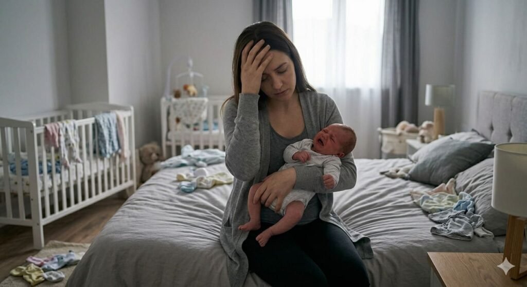 Madre con síntomas de depresión posparto sosteniendo a su bebé. Una mujer sentada en una cama con expresión de agotamiento y tristeza, sosteniendo a un bebé que llora, representando la realidad de la depresión posparto.