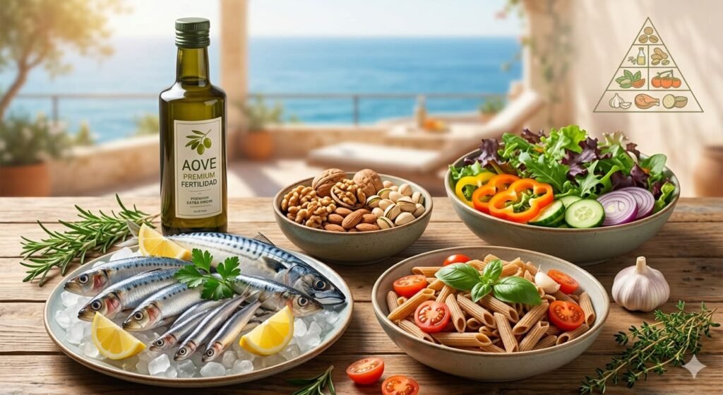 una composición de alimentos mediterráneos esenciales para la fertilidad masculina . Incluye una botella de aceite de oliva virgen extra (AOVE), una fuente de sardinas frescas, nueces, verduras de hoja verde y legumbres. 