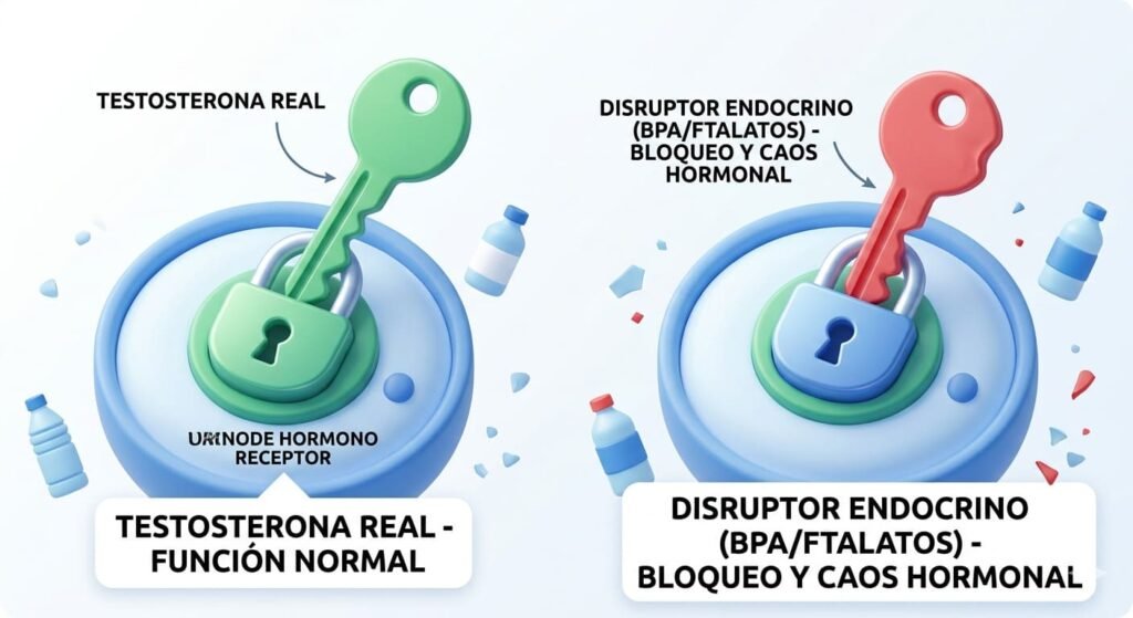 Infografía médica comparativa que muestra un receptor hormonal masculino. A la izquierda, la testosterona real encaja perfectamente (función normal). A la derecha, una molécula de microplástico o BPA bloquea el receptor (disrupción endocrina y caos hormonal), impidiendo la señalización correcta. Estilo ilustración digital limpia en azules y rojos.