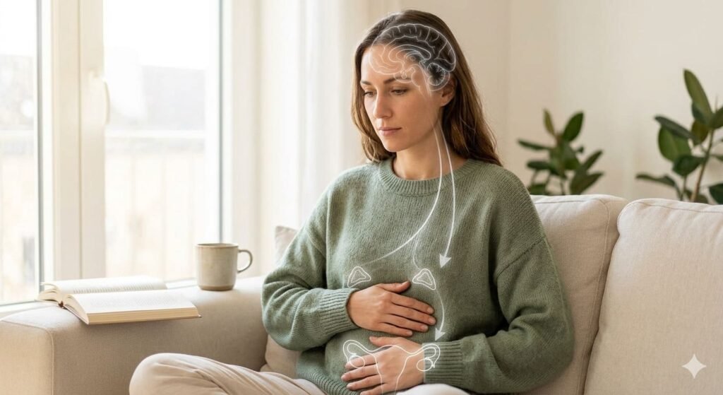 Presión social en la búsqueda de embarazo. Una mujer joven sentada en un sofá, con expresión reflexiva, ilustrando la conexión fisiológica entre el cerebro (hipotálamo) y el sistema reproductivo (ovarios y adrenales) debido al estrés crónico durante la búsqueda de embarazo.