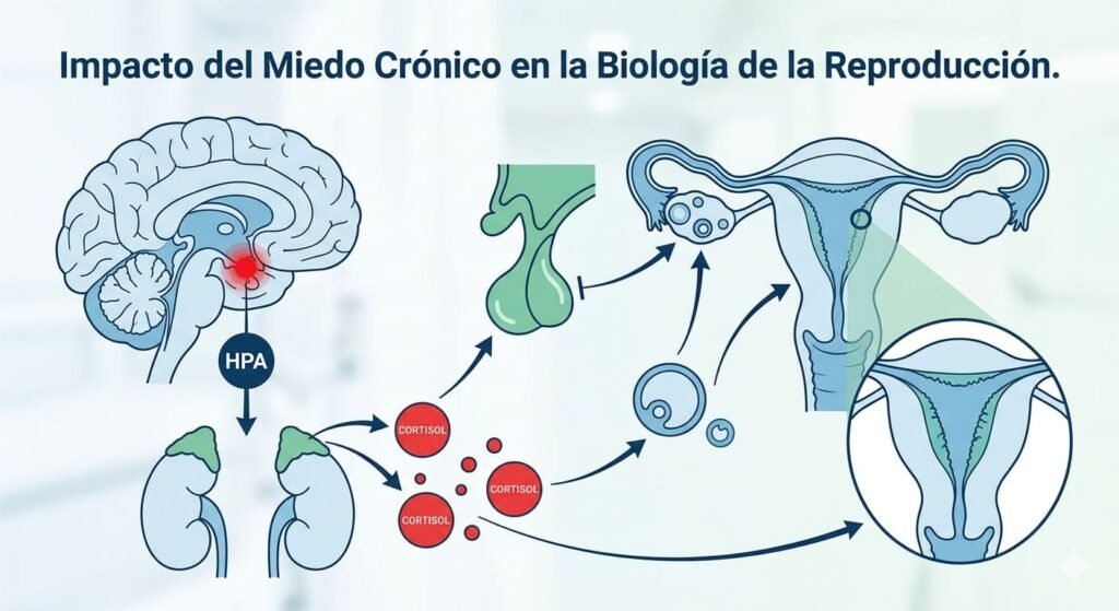 Infografía médica que muestra cómo el cortisol y el estrés afectan el cerebro y el sistema reproductivo femenino, dificultando la ovulación.