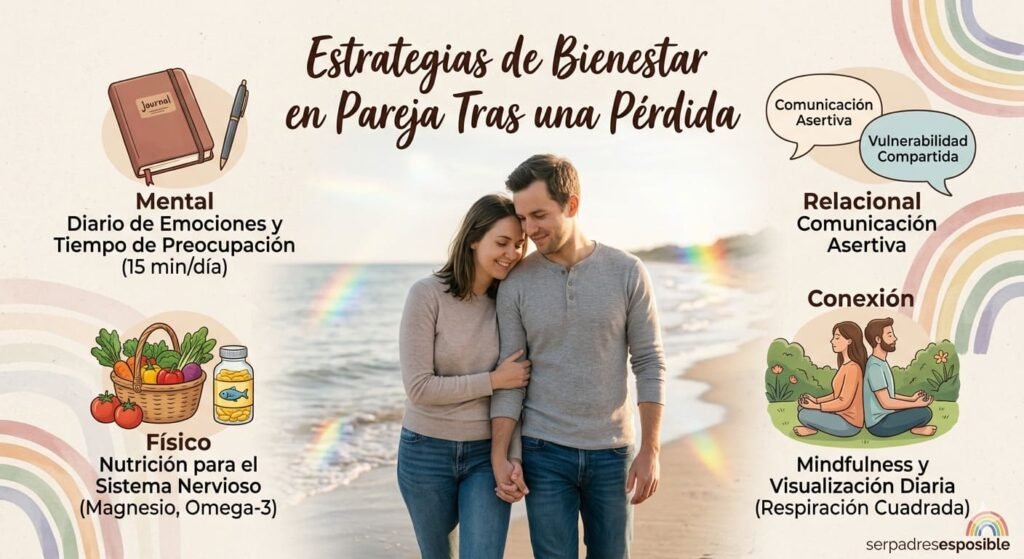 Infografía con consejos de bienestar para parejas: nutrición para el sistema nervioso, diario de emociones y ejercicios de mindfulness.