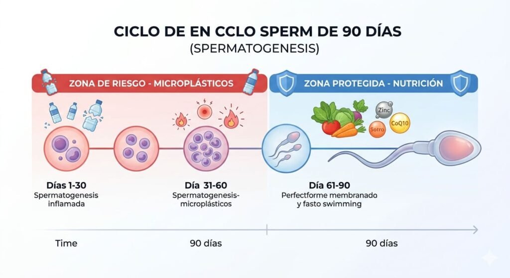 Diagrama de la espermatogénesis de 90 días. Muestra la evolución desde células inflamadas y dañadas por tóxicos (días 1-60) hasta espermatozoides con morfología perfecta y alta velocidad protegidos por nutrientes como Zinc y Licopeno (días 61-90).