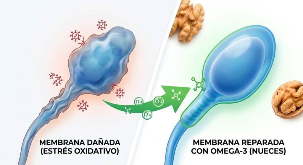 Infografía médica comparativa de la membrana de un espermatozoide. A la izquierda, membrana dañada por estrés oxidativo con forma irregular. A la derecha, membrana reparada y elástica gracias a la integración de ácidos grasos Omega-3 de las nueces.