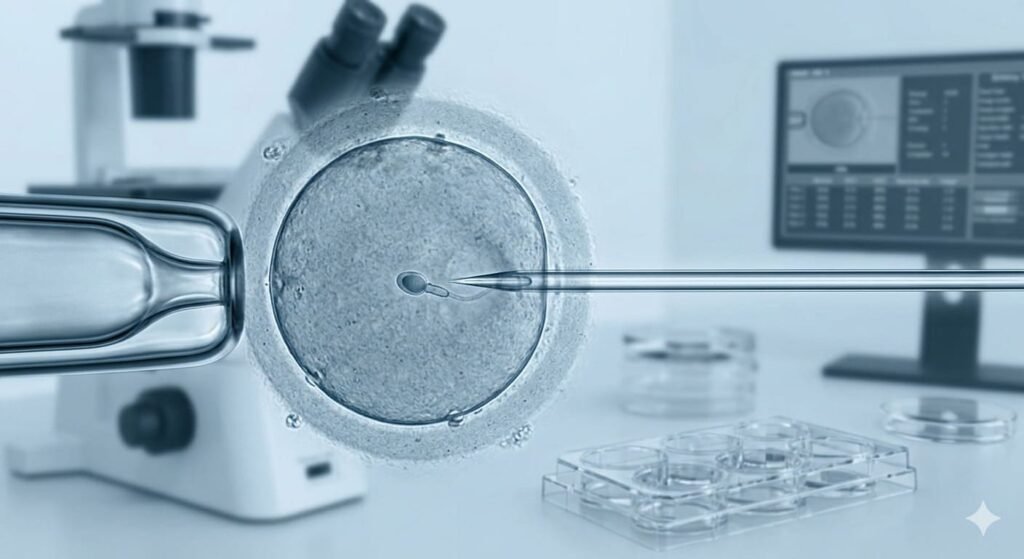 Microfotografía del procedimiento ICSI mostrando la inyección de un espermatozoide en un óvulo.