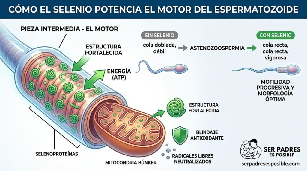 El Selenio es el componente estructural que "blinda" las mitocondrias en la pieza intermedia, garantizando que el flagelo tenga la energía y la forma necesarias para una motilidad progresiva.