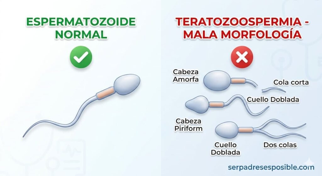 Infografía médica comparativa de cabecera que muestra un espermatozoide normal a la izquierda con forma ovalada y cola única, labeled 'NORMAL'. A la derecha, labeled 'TERATOZOOSPERMIA - MALA MORFOLOGÍA', se muestran espermatozoides con defectos de forma: cabeza amorfa, cuello doblado, cola corta y dos colas