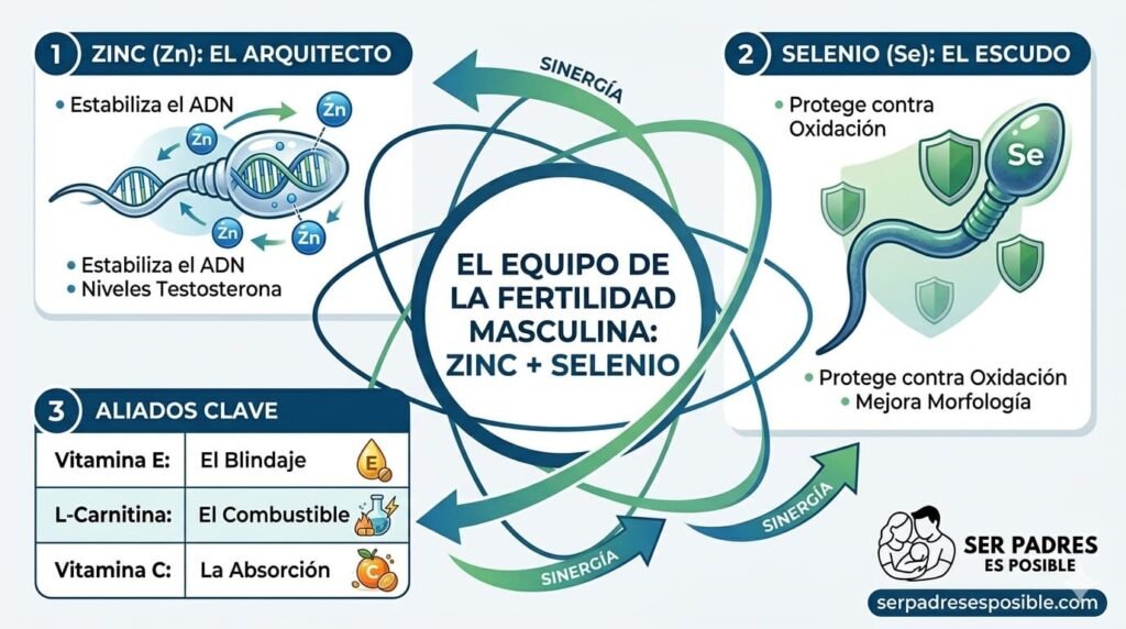 El "Equipo de la Fertilidad" en acción: El Zinc construye la estructura, el Selenio la protege, y sus aliados maximizan la absorción y la energía.