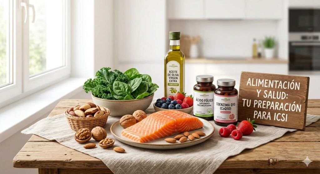 Selección de alimentos y suplementos para mejorar la fertilidad y la calidad de óvulos/espermatozoides antes de ICSI.