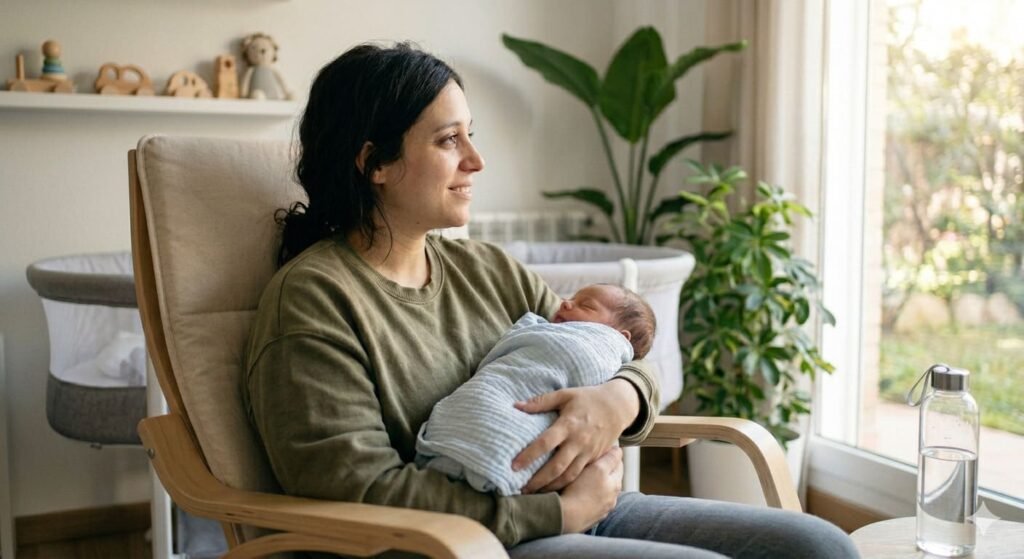 Madre tranquila sentada en un sillón junto a una ventana soleada, sosteniendo a su bebé en un ambiente de calma y luz natural.