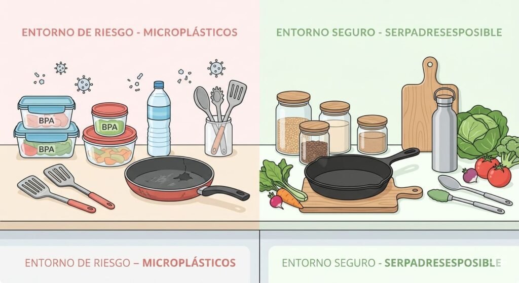 Ilustración comparativa de una encimera de cocina. El lado izquierdo (Entorno de Riesgo) muestra tuppers de plástico con BPA, botellas de agua PET y una sartén de teflón rayada, con iconos sutiles de micropartículas. El lado derecho (Entorno Seguro SerPadresEsposible) muestra tarros de vidrio, una sartén de hierro fundido, una tabla de madera y una botella de acero inoxidable. Estilo ilustración digital profesional y limpia.