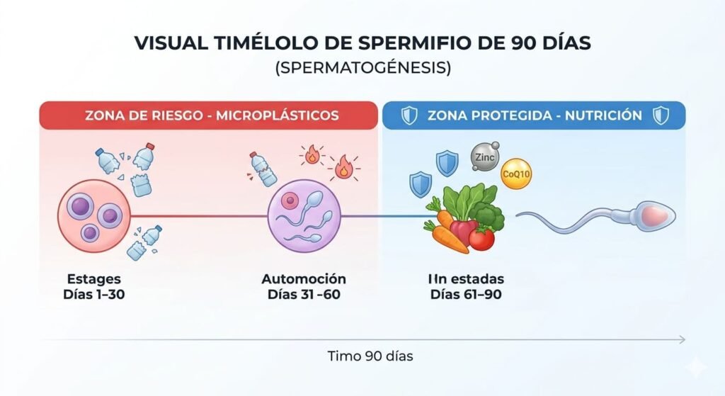 Diagrama infográfico que muestra la línea de tiempo de 90 días de la espermatogénesis (creación de esperma). Las etapas iniciales (días 1-60) están marcadas con iconos de inflamación y microplásticos (zona de riesgo). Las etapas finales (días 61-90) están protegidas por escudos y nutrientes como Zinc y CoQ10 (zona protegida por nutrición), resultando en un espermatozoide sano. Estilo ilustración médica limpia.