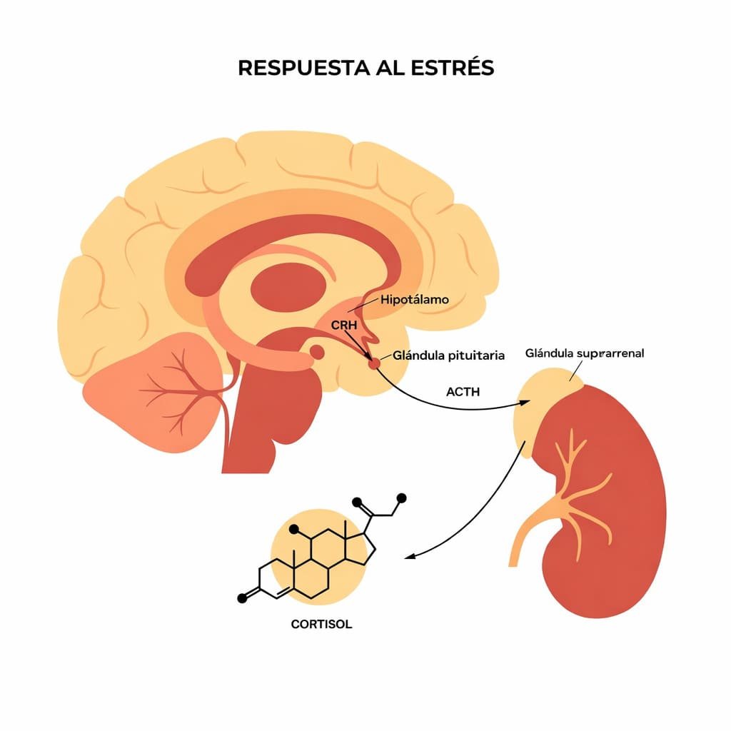 eje-hpa-estres-y-fertilidad.jpg Diagrama médico del eje hipotálamo-pituitario-adrenal (HPA) que muestra la respuesta al estrés: liberación de CRH por el hipotálamo, ACTH por la glándula pituitaria y la producción final de cortisol en la glándula suprarrenal.