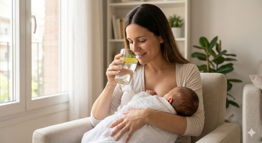 Madre amamantando a su bebé mientras bebe un vaso de agua con limón.