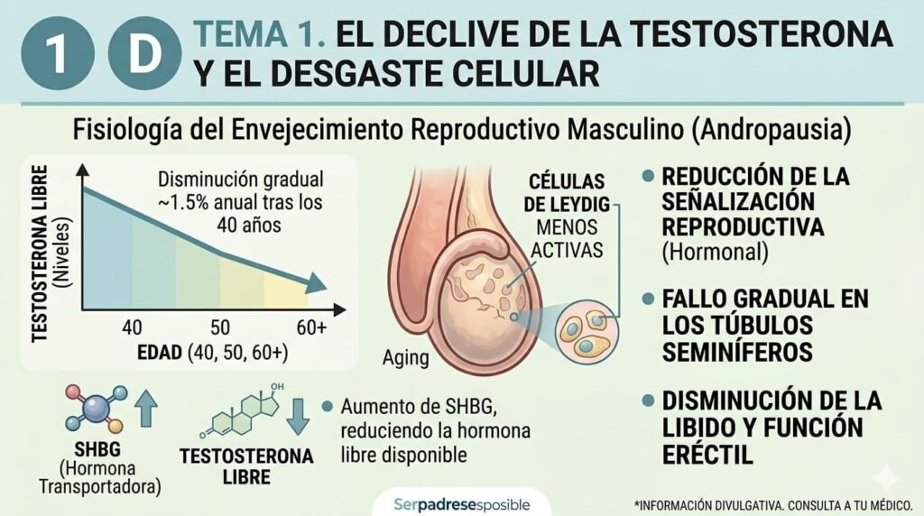 Gráfico que muestra la disminución gradual de la testosterona libre a partir de los 40 años y su impacto en las células de Leydig.