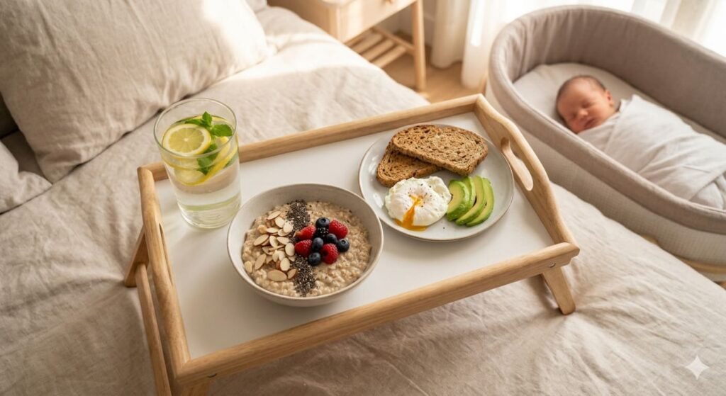 Bandeja de desayuno con avena, huevos, aguacate y agua cítrica junto a un bebé.