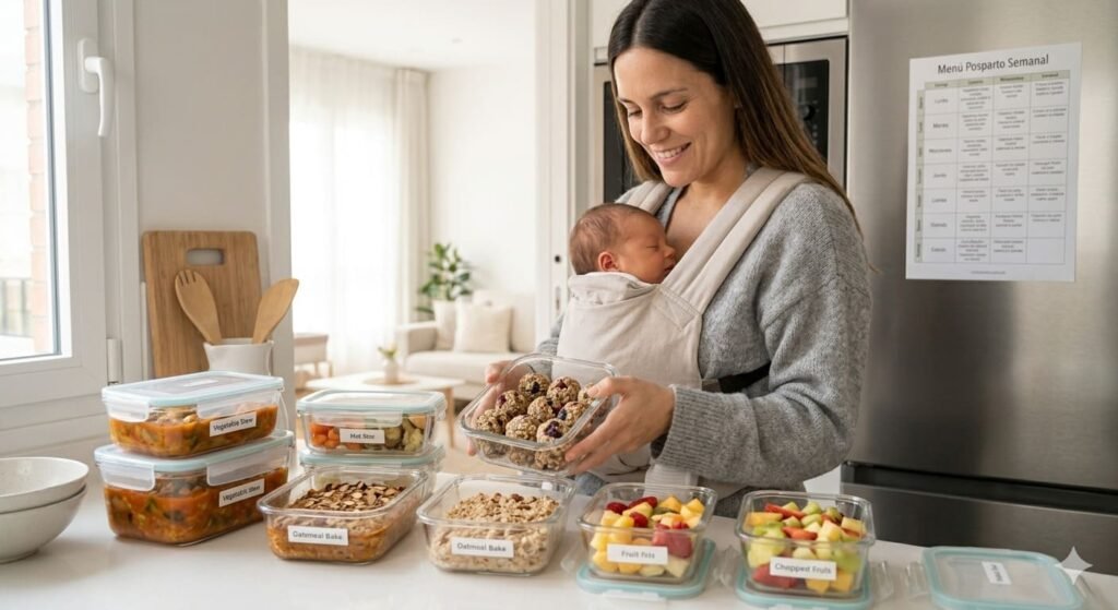Madre con bebé en portabebés organizando recipientes de comida preparada en la cocina.